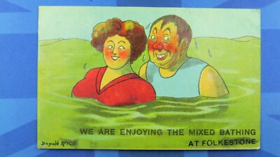 FOLKESTONE Donald McGill Comic Postkarte 1911 GENIESSEN GEMISCHTES BADEN JA Co Nr. 324