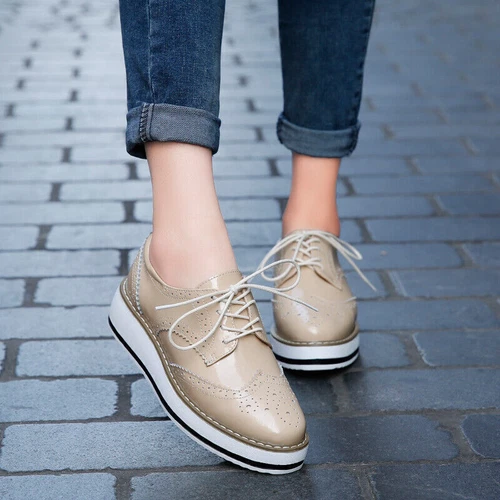Womens Brogues Oxfords Pumps Platform Creeper Lace Up Wingtip Wedge Heel Shoes - Picture 11 of 28