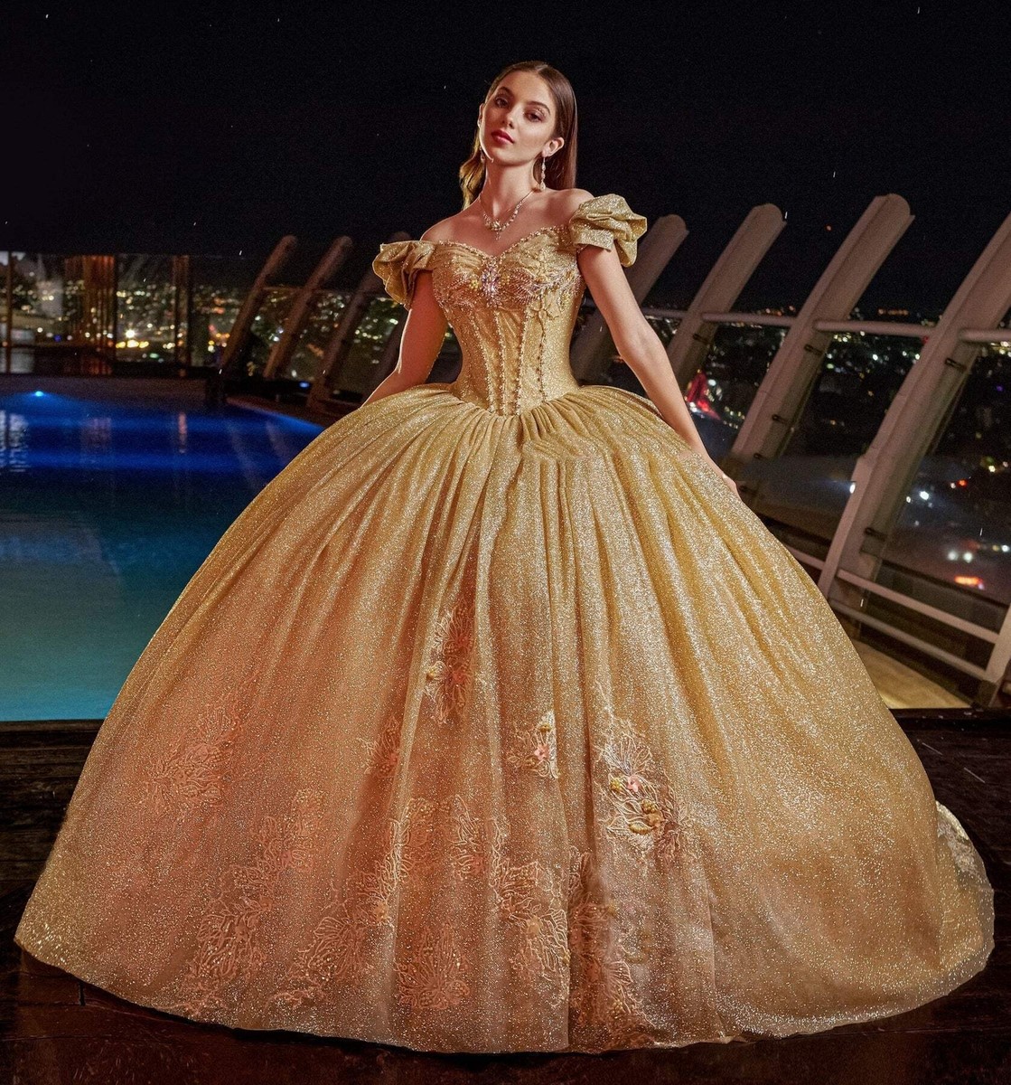 gold dress for 15 Gold Puffy Quinceanera Dresses Ball Gown Off The Shoulder Sequins Sparkle  Pearls