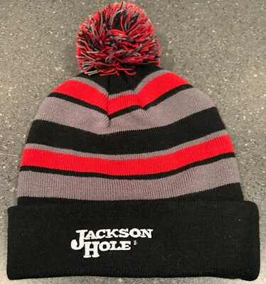 Jackson Hole striped black red Pom Pom  Knit Beanie Hat