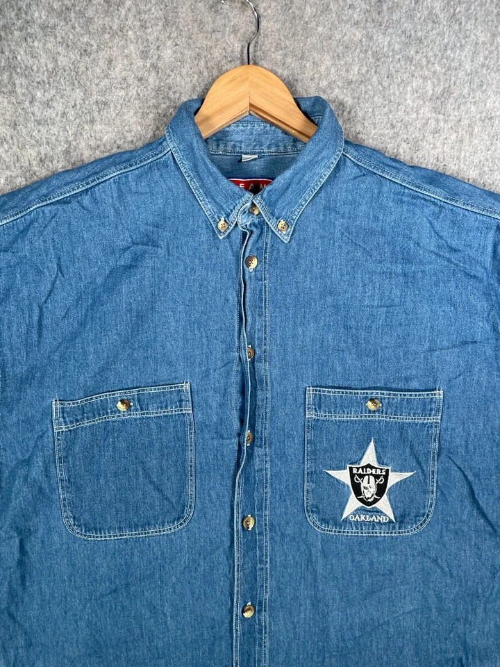 Vintage Raiders Shirt Mens XL 16/16.5 Blue Denim Oversized Oakland NFL - Image 2 of 4