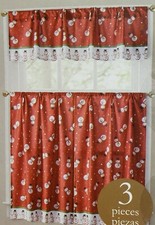 3pc Curtains Printed Set: 2 Tiers 28"  Valance 56"x14" SNOWMEN ON RED,Holiday
