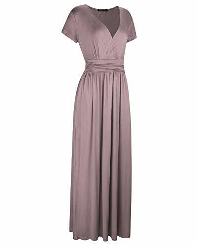 OUGES Womens Long Sleeve V-Neck Wrap Waist Maxi Dress, Mauve, L