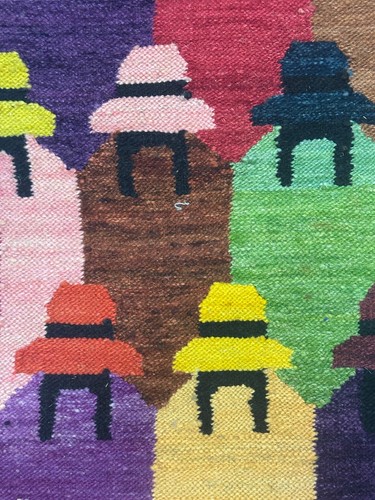 Tapiz de lana vintage peruana mujer en sombrero colgante de pared arte popular 163 x 54 cm - Imagen 8 de 9