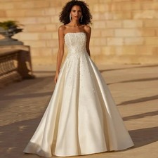 Satin Wedding Dress Strapless Beading Back Zipper Button Sweep Train Bride Gown