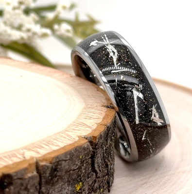 Silver Tungsten 8mm Ring Black Stardust Inlay Scratch-Resistant Durable Band