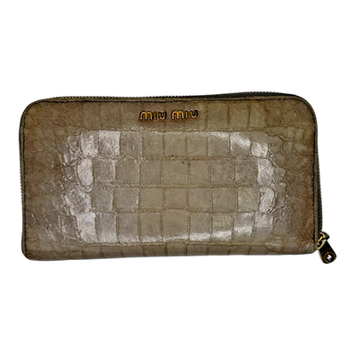 Miu Miu Women Crocodile Embossed Zip-Around Brown Leather Long