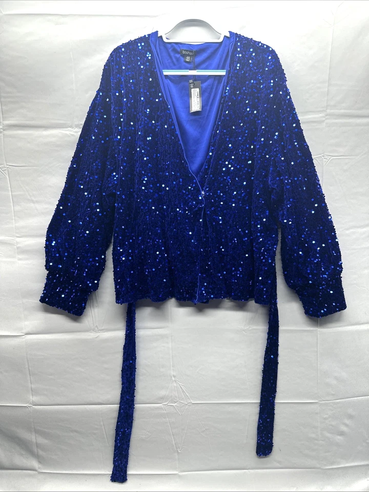 Blusa envolvente Boohoo para mujer azul terciopelo lentejuelas cinturón talla grande 28 manga larga Foto 3 de 4