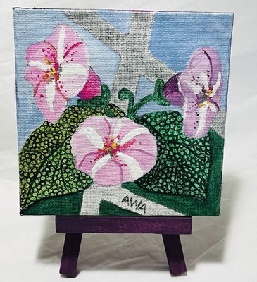 Morning Glory Flower Original Miniature Acrylic Painting With Easel Signed AWA