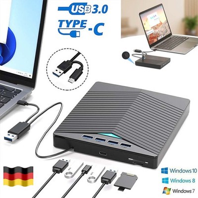 7-in-1 USB 3.0 Externes CD DVD Laufwerk Brenner Player mit Type C für Laptop PC