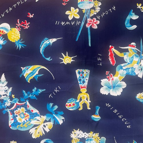 VTG Tiki Hula Girl Fabric 42L 35W Hawaii Angel Fish Navy Blue Lei Hibiscus Aloha - Picture 2 of 17