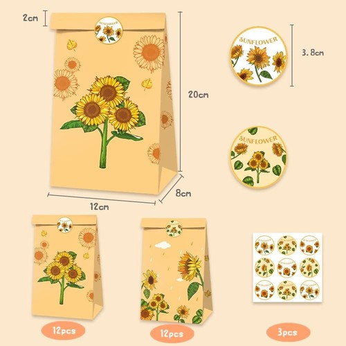 24PCS Party Favour Bags,Sunflower Themed Paper Bags 2 Patterns with Stickers - Picture 2 of 6