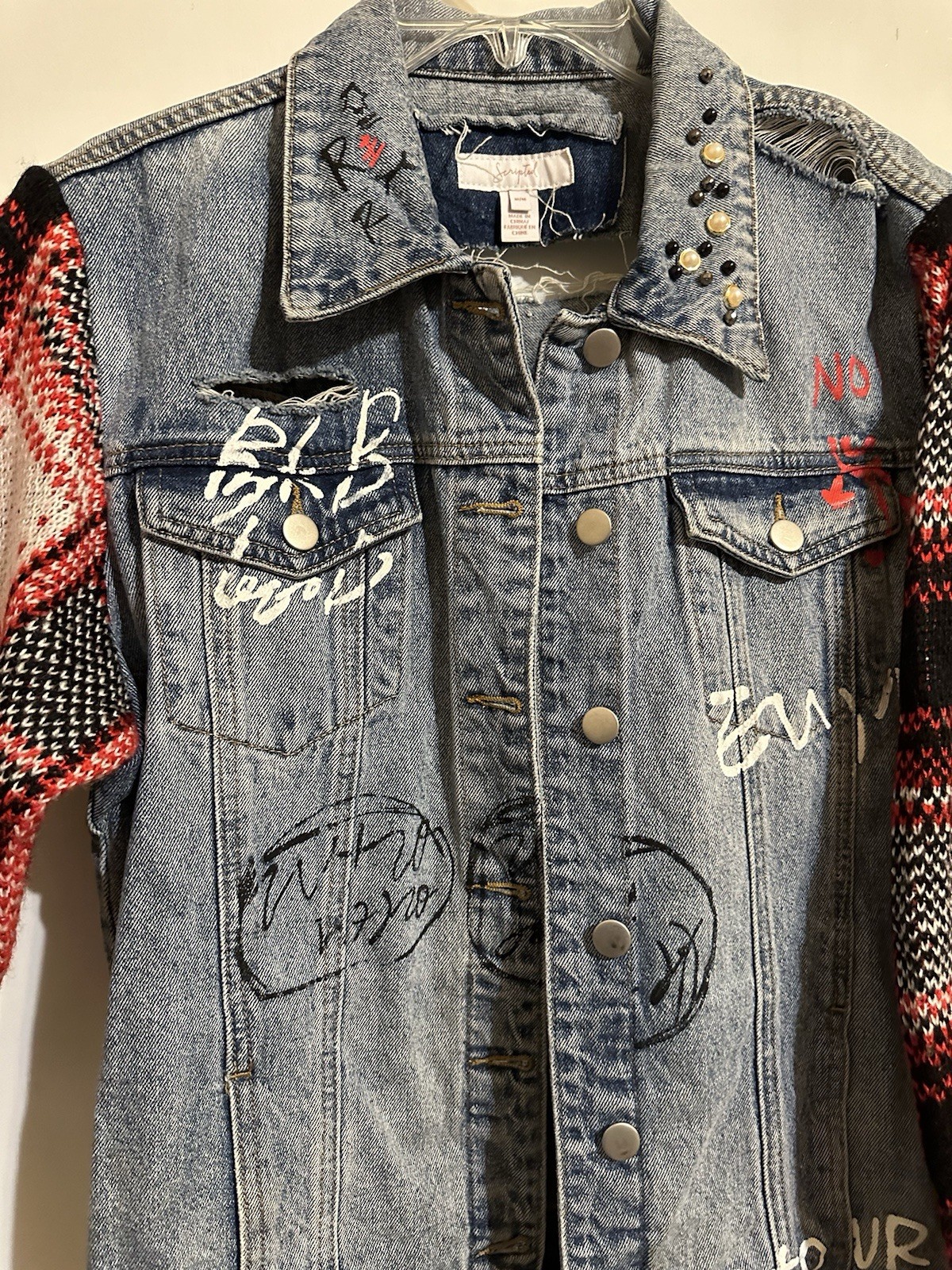 Scripted Distressed Denim Jacket Size M - image 3