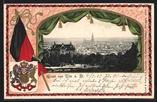 Passepartout-Lithographie Ulm a. D., Blick auf den Ort, Wappen 1903 