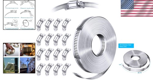 Assortiment de pinces à tuyaux robustes en acier inoxydable 304 : sangle 35 pieds + 16 attaches - Photo 2/9