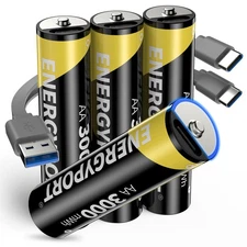 ENERGYPORT 4pack USB AA Li-ion Rechargeable Batteries 1.5V 3000mWh w/USB-C Cable