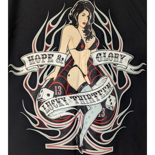 Lucky 13 Shirt Mens Medium Pinup Girl Cards Poker Black Graphic Bikini Biker