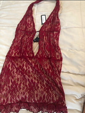 PrettyLittleThing Size 10 Burgundy Lace Floral Halter Neck Sleeveless Bodycon