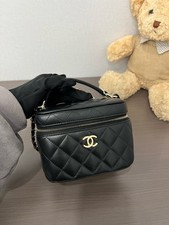 Chanel Vanity Case Caviar Leather Quilted Chain Crossbody Bag Black Authentic