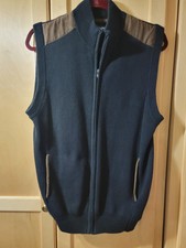 CHAPS RL Black Sweater Vest Full-Zip Cotton Knit Brown Suede Patch Shoulder