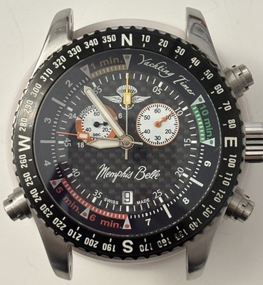Yachting Timer Memphis Belle Swiss Quartz Chronograph Black Dial Date 46mm