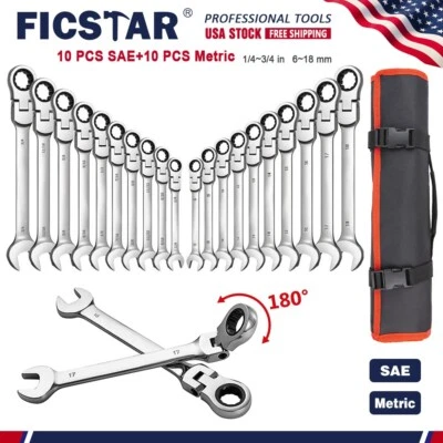 FICSTAR 20-Piece Flex-Head Ratcheting Wrench Set (SAE and Metric) with Carrying Bag /NEW