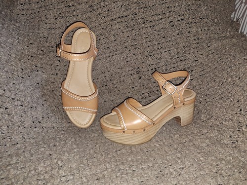 SANDRO-Audrey-Tan Leather-Contrast Stitch-Ankle Strap-Wood Heel-Sz 37/6.5-NM