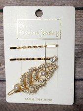 Set of 3 Gold Colored Fashion Hair Clips Set of 3 Leaf, Rhinestone, Pearled NEW