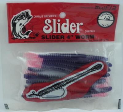Charlie Brewers SWF12 4'' Slider Worm 12CT Grape/Fluorescent Pink