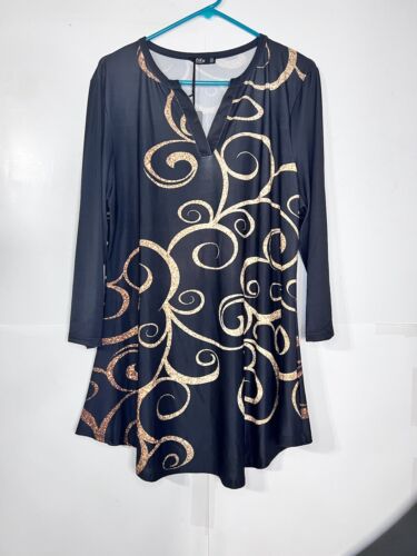 Lily By Firmiana Tunic Top Plus Size 1X Blouse Black Gold Swirl Flowy 3/4 Sleeve
