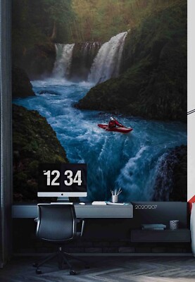 3D Mountain Waterfall Kayaking Scenery Self-adhesive Removable Wallpaper Murals