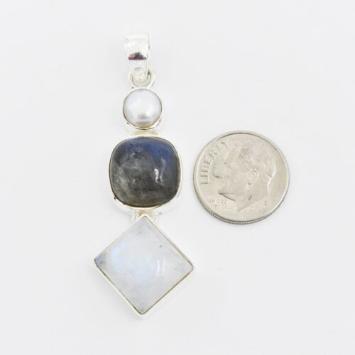 New Sterling Freshwatr Pearl Labradorite & Rainbow Moonstone Pendant - Picture 3 of 3