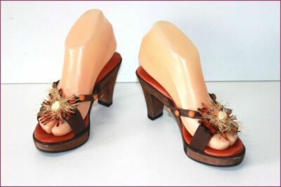 REBECA SANVER Sandales Cuir et Bois Orange Foncé T 36 TBE