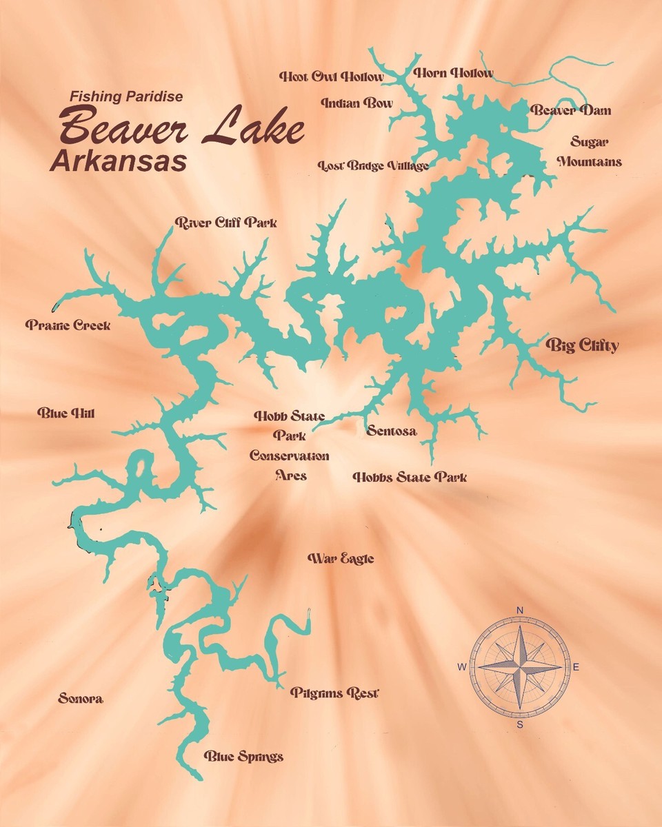 Carte Aérienne Du Lac Bull Shoals (Arkansas) – Poster Toile, Paradise De Pêche
