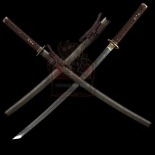 Japanese Samurai Katana Clay Tempered L6 Steel Blade Sword Full Tang Brass Tsuba