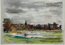 ::FRANZ EHMKE *1928 -2018 BERLIN BLANKENFELDE KIRCHTURM STADT PASTELL SIGNIERT 