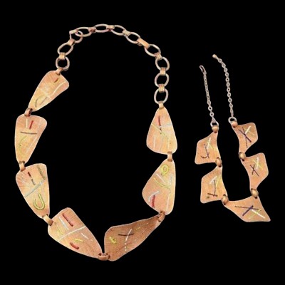 Set Of 2 Artisan Made Copper Handpainted With Enamel Necklaces 30'' & 14'' 
