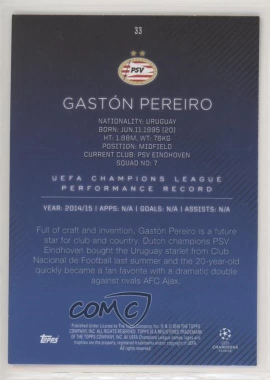 2015-16 Topps UCL Showcase Gaston Pereiro Gastón Pereiro #33 Rookie RC - Image 2 of 2