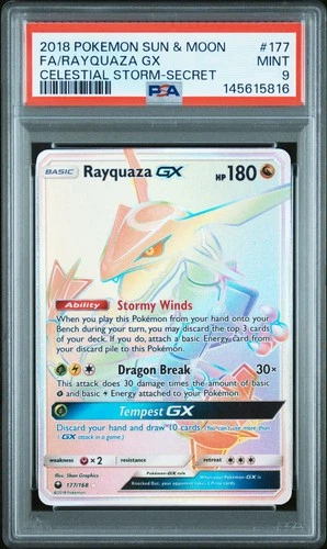 2018 POKEMON SUN & MOON CELESTIAL STORM SECRET #177 FULL ART/RAYQUAZA GX PSA 9