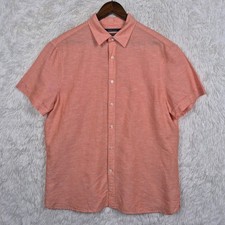 Camisa Perry Ellis Para Hombres Grande Melocotón Lino Mezcla Algodón Manga Corta Con Botones