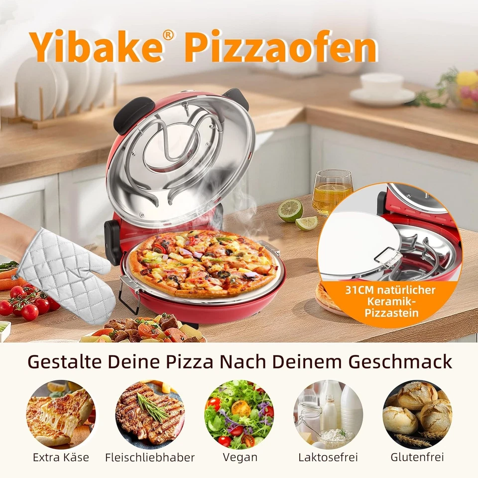 Pizza-Ofen elektrisch, 1200W in 4-Min-Pizza, 31cm Stein, Max 420℃, 5 Modis, Rot - Bild 4 von 4