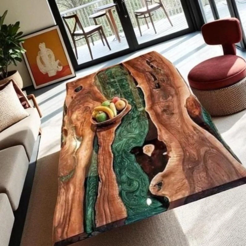 Mesa de río hecha a mano con borde vivo de madera y resina epoxi - Comedor/oficina de lujo moderno Foto 4 de 4