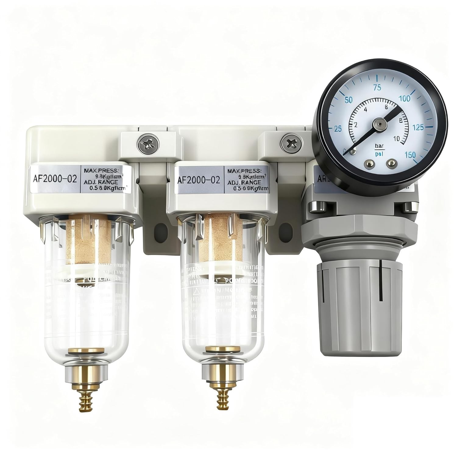 1/4" NPT Compressed Air Filter Regulator Lubricator Combo-Double,Semi-Auto Drain