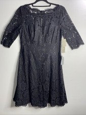 Eliza J Black Lace Overlay Fit and Flare Cocktail Dress 1/2 sleeve, Women's 8