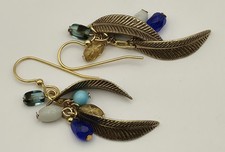 VINTAGE PIERCED EARRINGS METAL FEATHER/ACRYLIC BEADS DROP