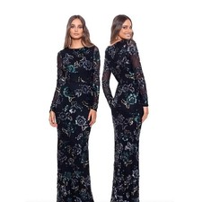 Betsy & Adam Black Floral Sequin Full Length Gown Size 4 NWT Teal Silver Roses