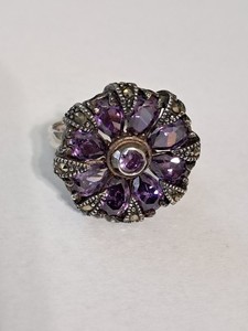Sterling 925 Amethyst & Marcasite Cocktail Ring Size 8. 