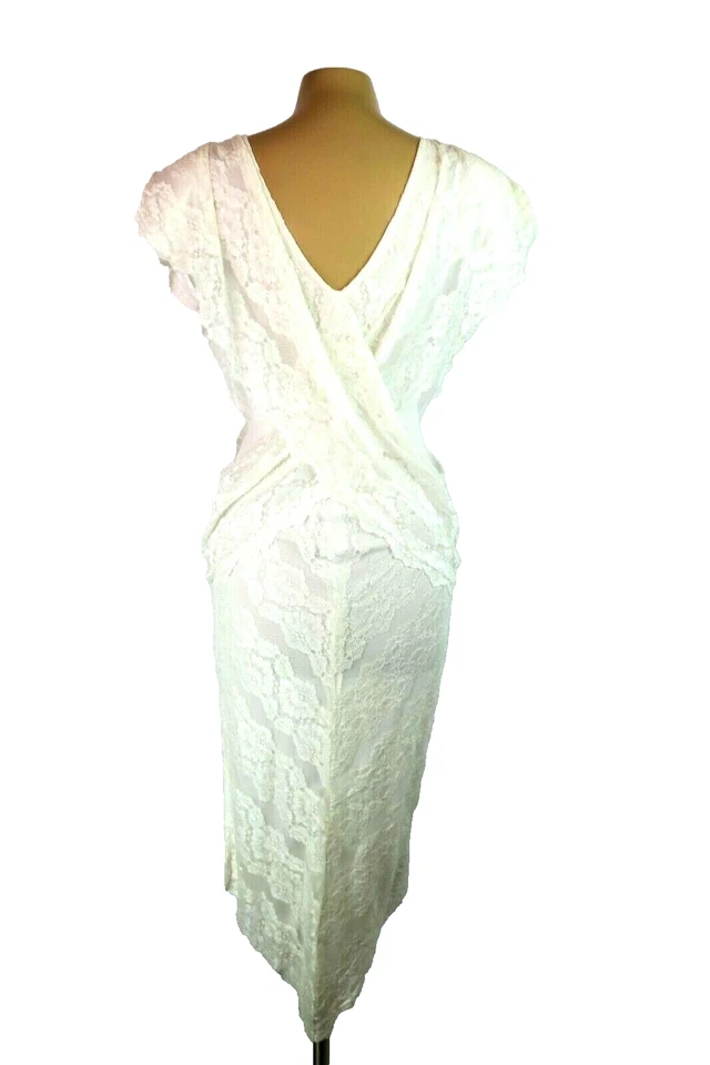 Vtg 90s Contempo Casuals White Ruffle Bridal Bodycon Lace Wedding Dress Sz 9/10 - Image 3 of 4