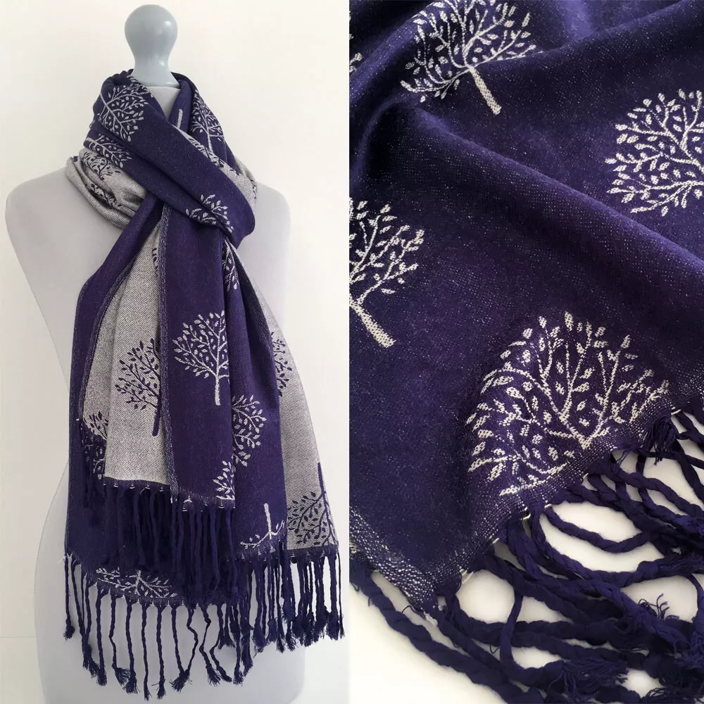 Ladies Navy Blue Silver Tree of Life Pashmina Shawl Wrap Winter Scarf Long Large