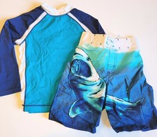 Gymboree sz 5 Boys Swim Set Rashguard Shorts Blue Shark Nautical Beach Summer